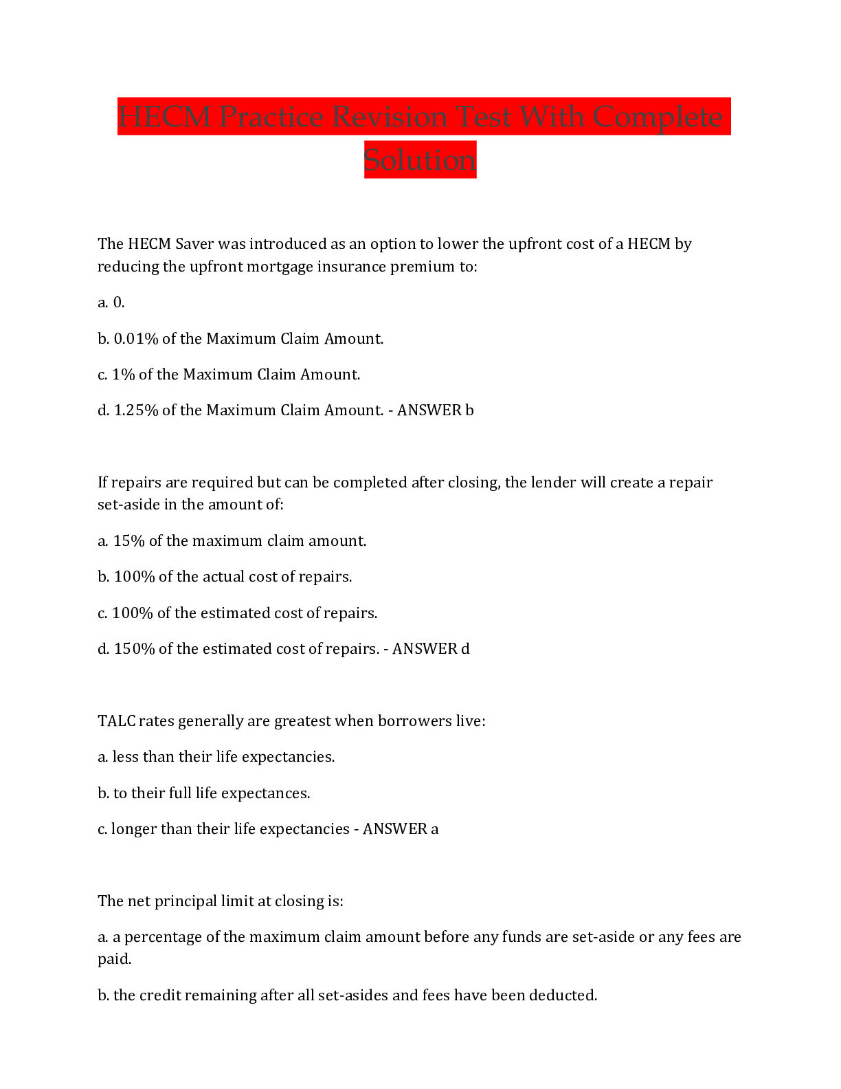 Preview image for HECM Practice Revision Test With Complete  Solution